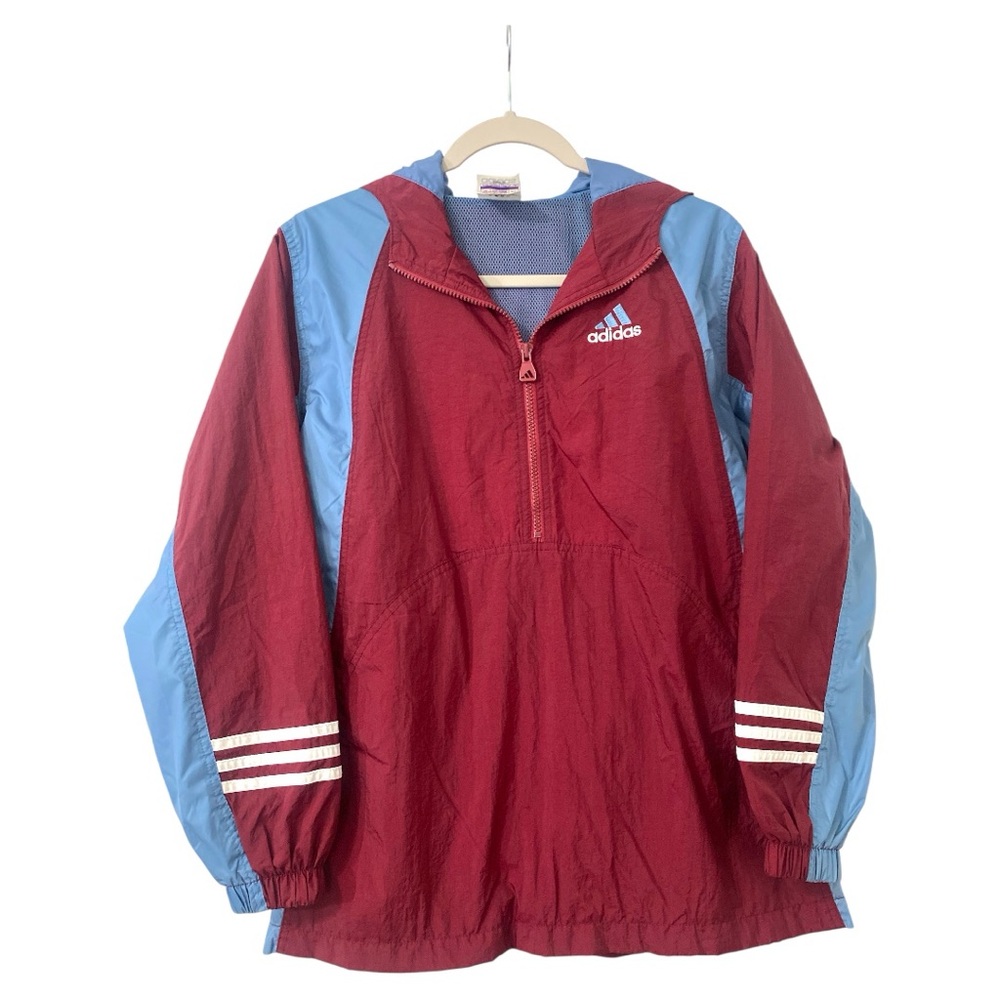 Adidas Vintage 90’s Burgundy and Light Blue Pullover Windbreaker Streetwear Logo